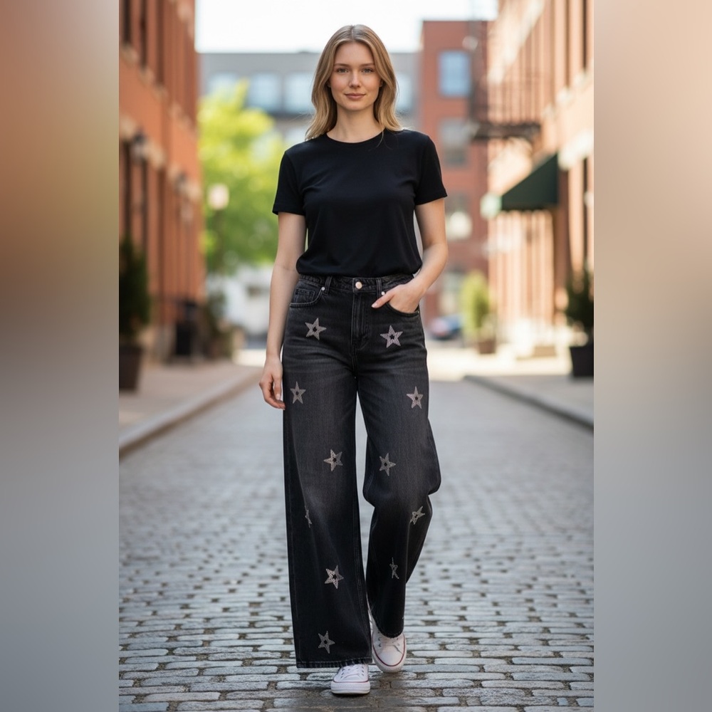 NWT ZARA Relaxed Fit Straight Jeans Black Rhinestone Stars All Over Print